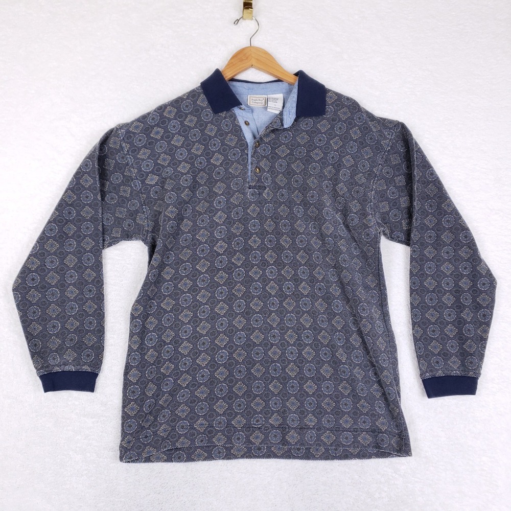 Bugle Boy Company Long Sleeve Polo Shirt Mens Large Geometric Blue Vintage Y2K